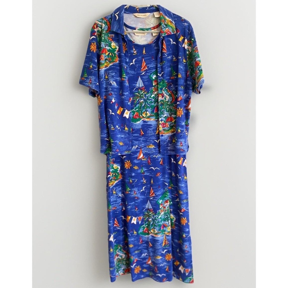 Bechamel Vintage 2 Piece 100% Cotton Tank Dress Shirt‎ M Nautical Cruise Resort
